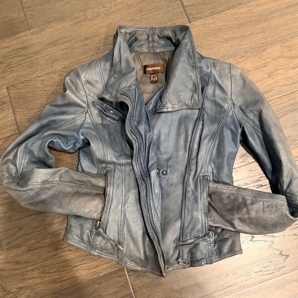 Danier Blue-Grey Genuine Leather Moto Jacket 2XS Asymmetric Zip, High Collar - Picture 2 of 16